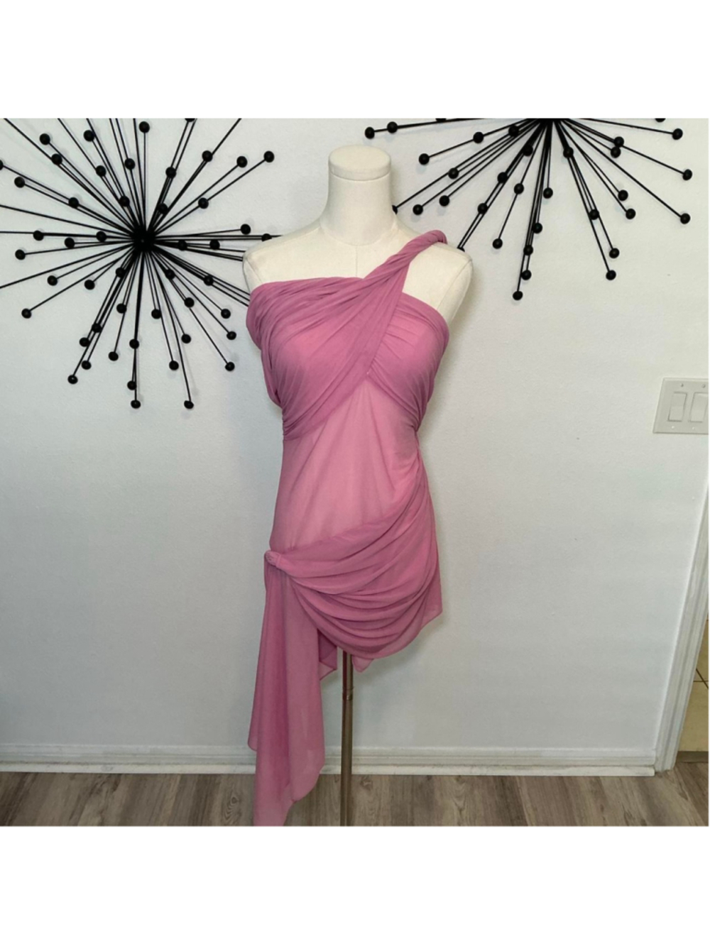 Ronny Kobo Pink One Shoulder Ruched Mini Dress Asymmetrical Cocktail Size L